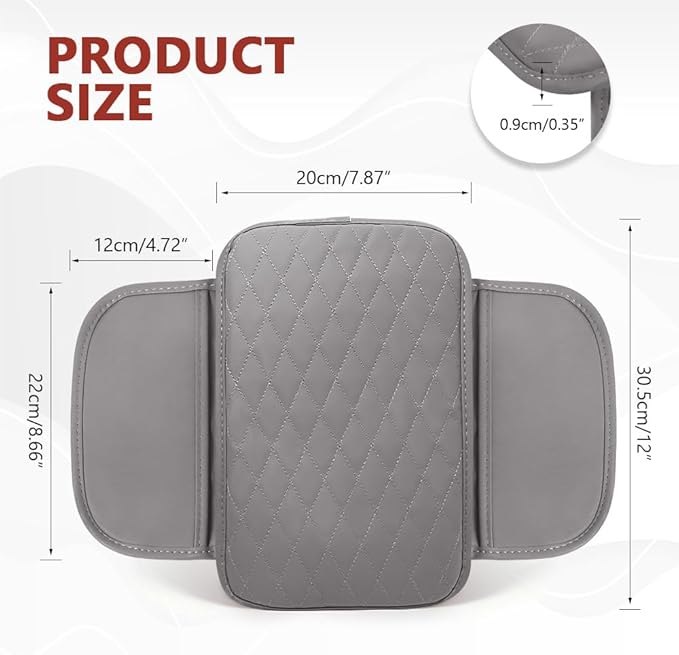 Car Center Console Cover, 12"×7.87" Waterproof Leather Auto Armrest Cover Protector with 2 Pocket, Comfortable Arm Rest Box Cushion Pad, Universal Interior Car Accessories (Gray)
