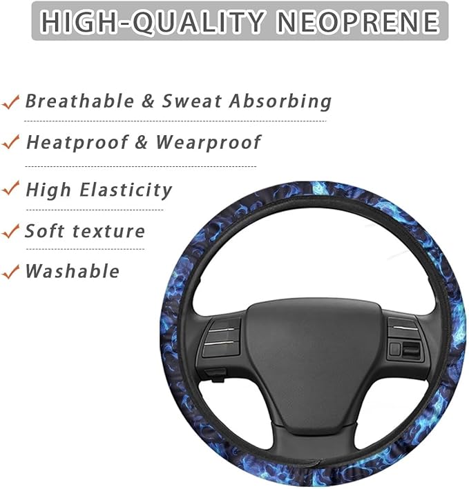 AFPANQZ Skull Blue Flame Automotive Steering Wheel Covers Universal Fit 14 to 15 inch Steering Wheel Covers with Cloth for Women Keep Warm Comfort Grip Sweat Absorption Neoprene