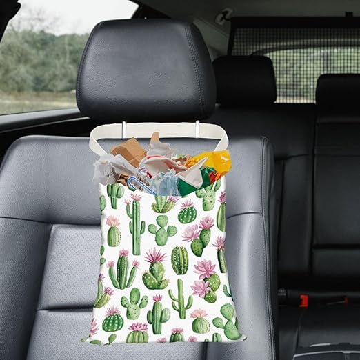Cactus Print Car Trash Bag Hanging Garbage Bag with Snap Buttons Car-Back Seat Trash Storage Portable Dustbin for Men Women Car Interior Accessories Travel Camping