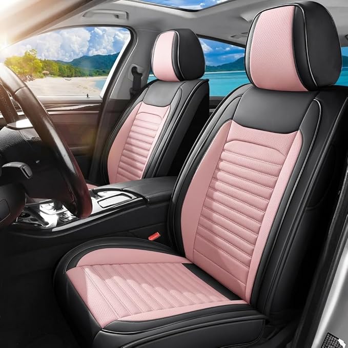 Car Seat Covers Full Set Fit for Toyota RAV4 2001-2025, Premium Faux Leather Car Seat Protector,Breathable Anti-Slip Full Wrapping Edge Seat Covers(Black&Pink,Full Set)