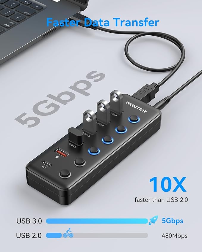 Powered USB 3.0 Hub, Wenter 6-Port USB Hub Splitter (4 Faster Data Transfer Ports+ 2Pcs 36W QC Charging Ports) with Individual LED On/Off Switches, USB Hub 3.0 Powered with Power Adapter
