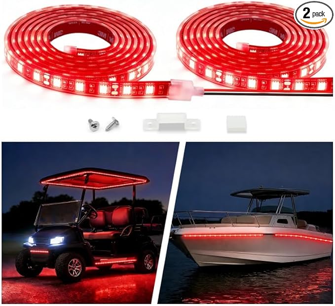12V Marine Boat LED Light Strip Super Bright, 2 Pack 4FT IP68 Fully Waterproof RV Front Cap Lights, Golf Cart Underglow Roof Lights Strip for Truck ATV UTV SUV Car Pickup Trailer, Cuttable, Red