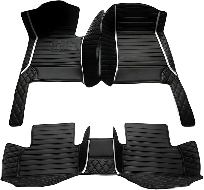 Customize Car Floor Mats for 99% Sedan SUV Sports Car All Weather Leather Full Coverage Waterproof Non-Slip Vehicle Lining Pads (Black White Stitching)