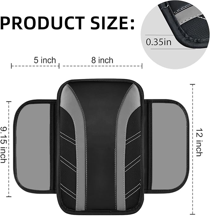 NBTEPEM Gray Center Console Cover, Sporty Leather Armrest Cover Cushion with 2 Storage Pockets, Universal Auto Middle Console Protector, Car Interior Accessories for Most SUV, Truck, Sedan Vehicles