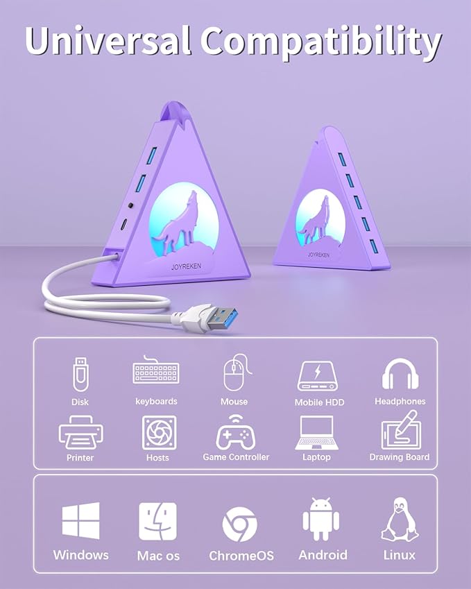 USB 3.0 Hub 7 Port, Vertical USB Splitter with RGB Lighting, 5Gbps High-Speed Data Transfer, 2FT Extension Cable, Tower USB Hub for PC, Laptop, MacBook, PS5, Xbox, Flash Drive, Printer (Light Purple)