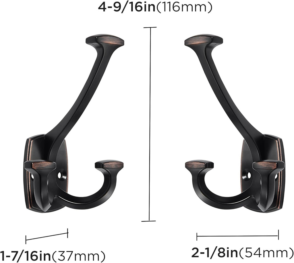 Large Wall Double-Sided Hook 5 Pack Oil Rubbed Bronze Hook Decorative Heavy Duty Solid Large Coat Hooks for Towel Hanging Coats Robe Towel Bags Door Back 2 Prong Hooks