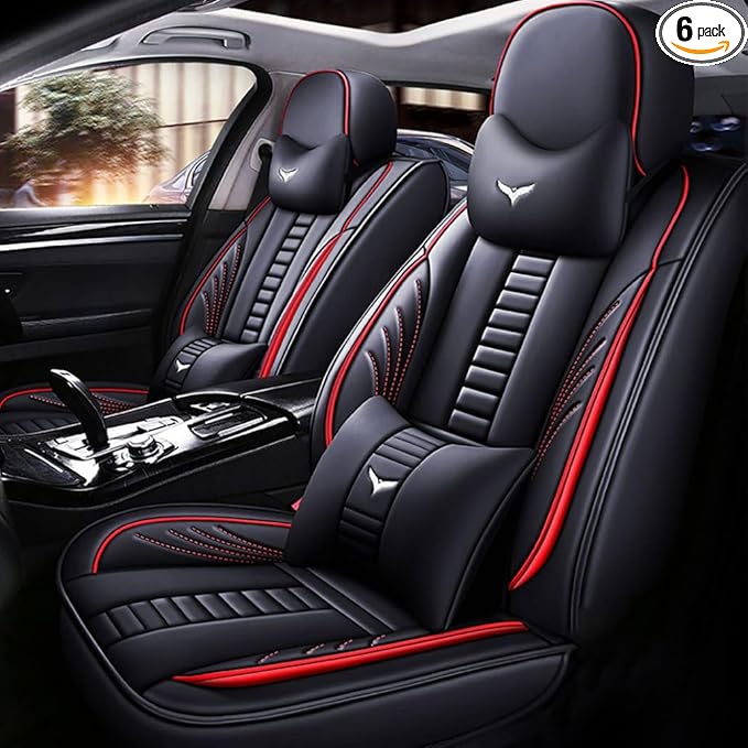 for Toyota RAV4 2008-2025 Car Seat Covers, Full Coverage Customized Seat Covers Premium Leather Waterproof Stain-Resistant Easy to Install (Front Set with Pillows, Black&Red)
