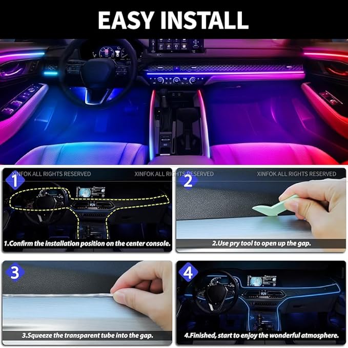 Ambient Lighting Car Led Lights Interior with APP, USB Powered Acrylic Neon Flexible Strip Fiber Optic LED Ambient Lighting kit,4 in 1 Car Center Console Dashboard RGB Sound Active Music Lights Sync