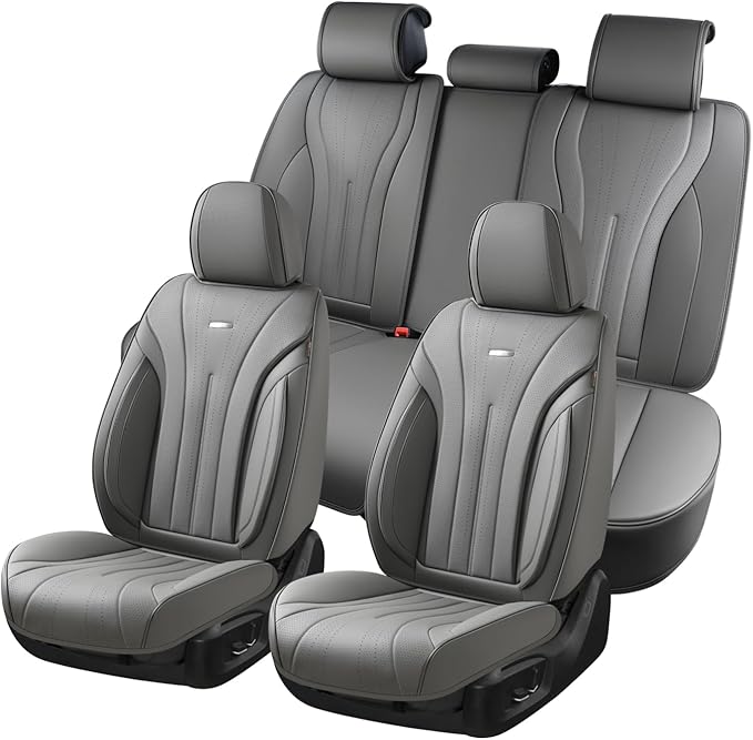 Coverado Car Seat Covers Full Set, Luxury Nappa Leather Seat Covers, Waterproof Seat Cover for Cars, Front and Rear Seat Cover Car Seat Protector, Automotive Seat Cover Universal Fit Most Cars(Gray)
