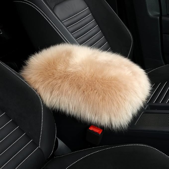 LLB Auto Center Console Cover Pad Universal Fit for SUV/Truck/Car, Genuine Sheepskin Wool Fur Car Armrest Seat Box Cover, Furry Fluffy Auto Armrest Cover Protector (Tan)
