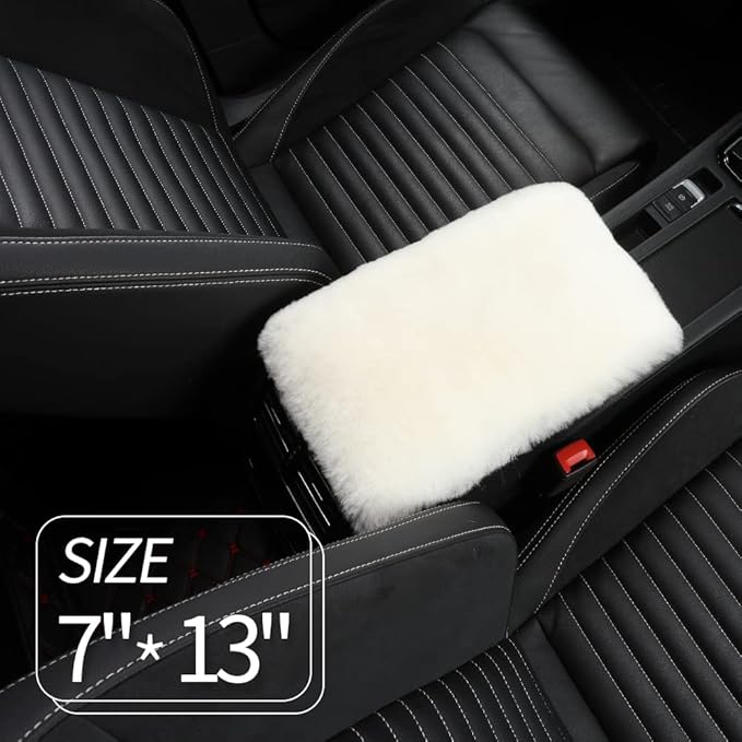 Sheepskin Armrest Cover Auto Center Armrest Cover Car Soft Console Pad, Fluffy Wool Auto Center Console Cover for Most Car Arm Rest Decoration Protector 7 x 13 Inch (Shearling, Ivory White)