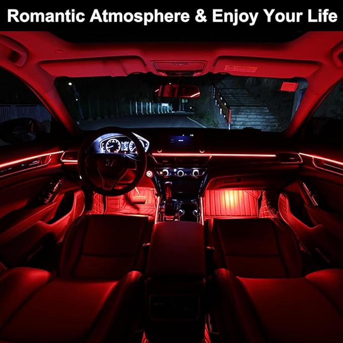 EL Wire Interior Car LED Strip Lights, USB Neon Glowing Strobing Electroluminescent Wire Lights with 6mm Sewing Edge, Ambient Lighting Kits for Cars Garden Decorations (5M/16.5FT, Red)