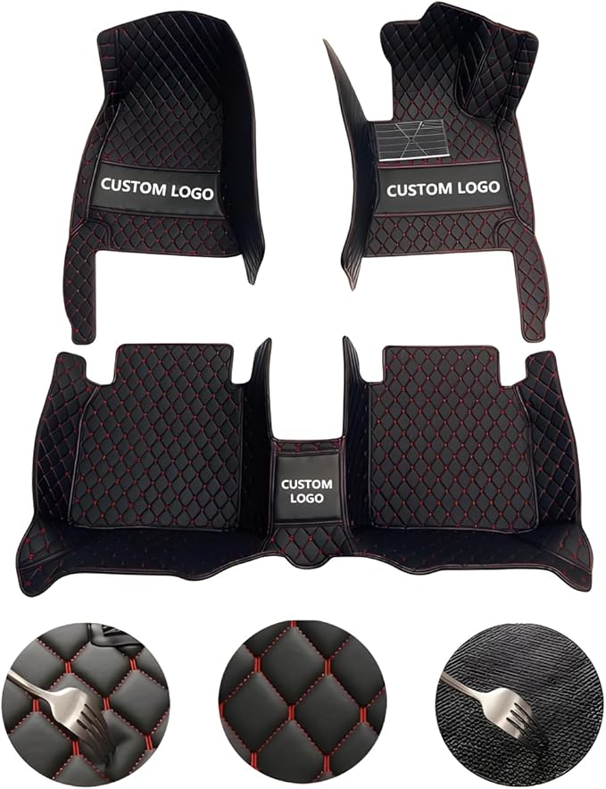 Customize Car Floor Mats for 99% Sedan SUV Sports Car All Weather Leather Full Coverage Waterproof Non-Slip Vehicle Lining Pads (Black White Stitching)