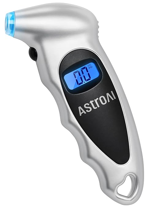 AstroAI Digital Tire Pressure Gauge 0-150PSI Calibrated to ANSI B40.7 +/-1PSI, Accurate in 0.1 Increments, Tire Repair Tools 4 Pressure Measurements for Car Truck with Backlight LCD, Silver