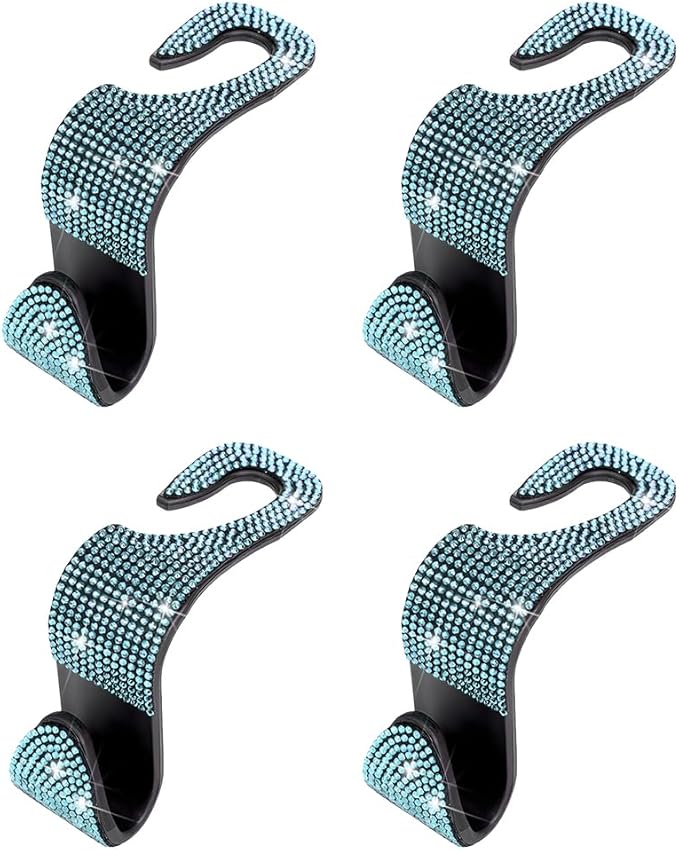 4PCS Bling Car Seat Headrest Hooks, Crystal Rhinestone Vehicle Back Seat Hanger Holder, Auto Interior Headrest Hanging Storage Organizer for Purse Handbag Coat, Universal Fit (Blue)