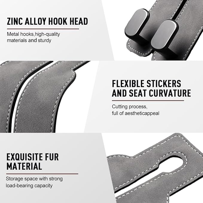 Car Seat Back Storage Hook, 2026 New Two Hook Fur Leather Seat Back Headrest Hanger Genuine Leather Double Metal Hook for Backseat Organizer, Car Organization Accessories (2, Black)