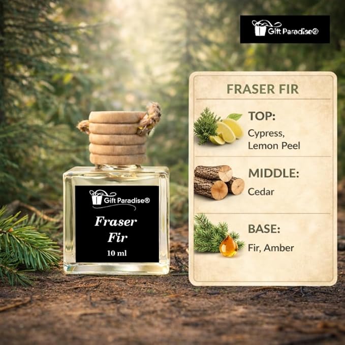 Fraser Fir – Gift Paradise® Hanging Car Freshener Set of 3 (10 ml Each), Wooden Cap Diffuser, Long-Lasting Pine & Evergreen Scent for Car, Closet & Office