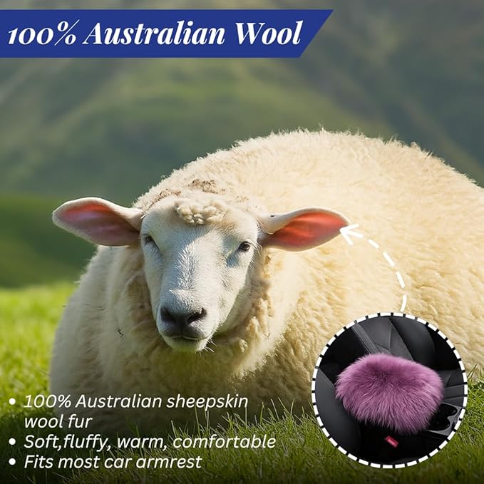 Andalus Brands Pure Australian Sheepskin Fluffy Car Center Console Cover, Luxurious Non-Shedding Furry Arm Rest Cover for Car, Versatile for All Seasons, Purple - (11.47" X 6.3")