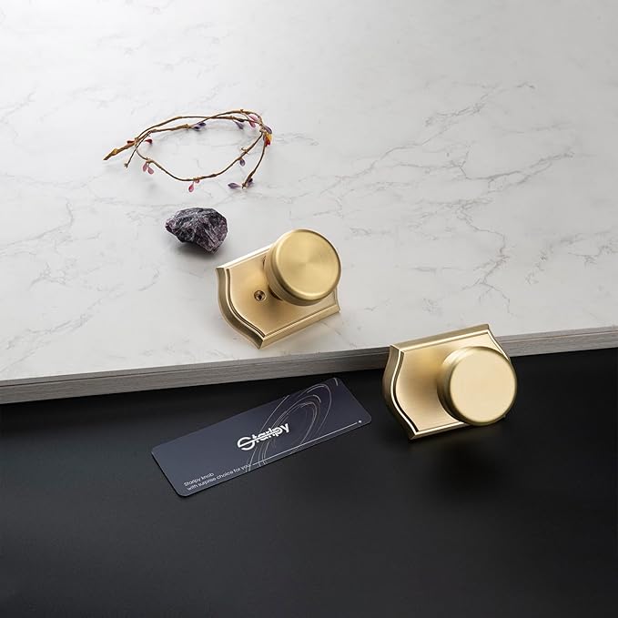 Interior Pismo Doorknobs for Hall, Gold Door Knobs with Camelot Trim, Satin Brass Door Knob with Lock