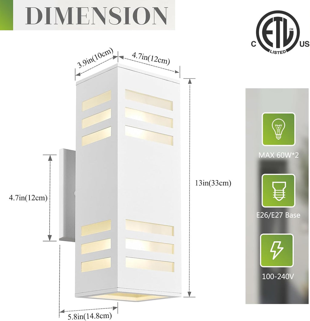 harriet Porch Lights Outdoor Modern - IP64 Waterproof Aluminum and Tempered Glass Cover, 13" Rectangular Up/Down Wall Sconce for Porch, Garage & Patio, Exterior Lighting, White, 2 Pack