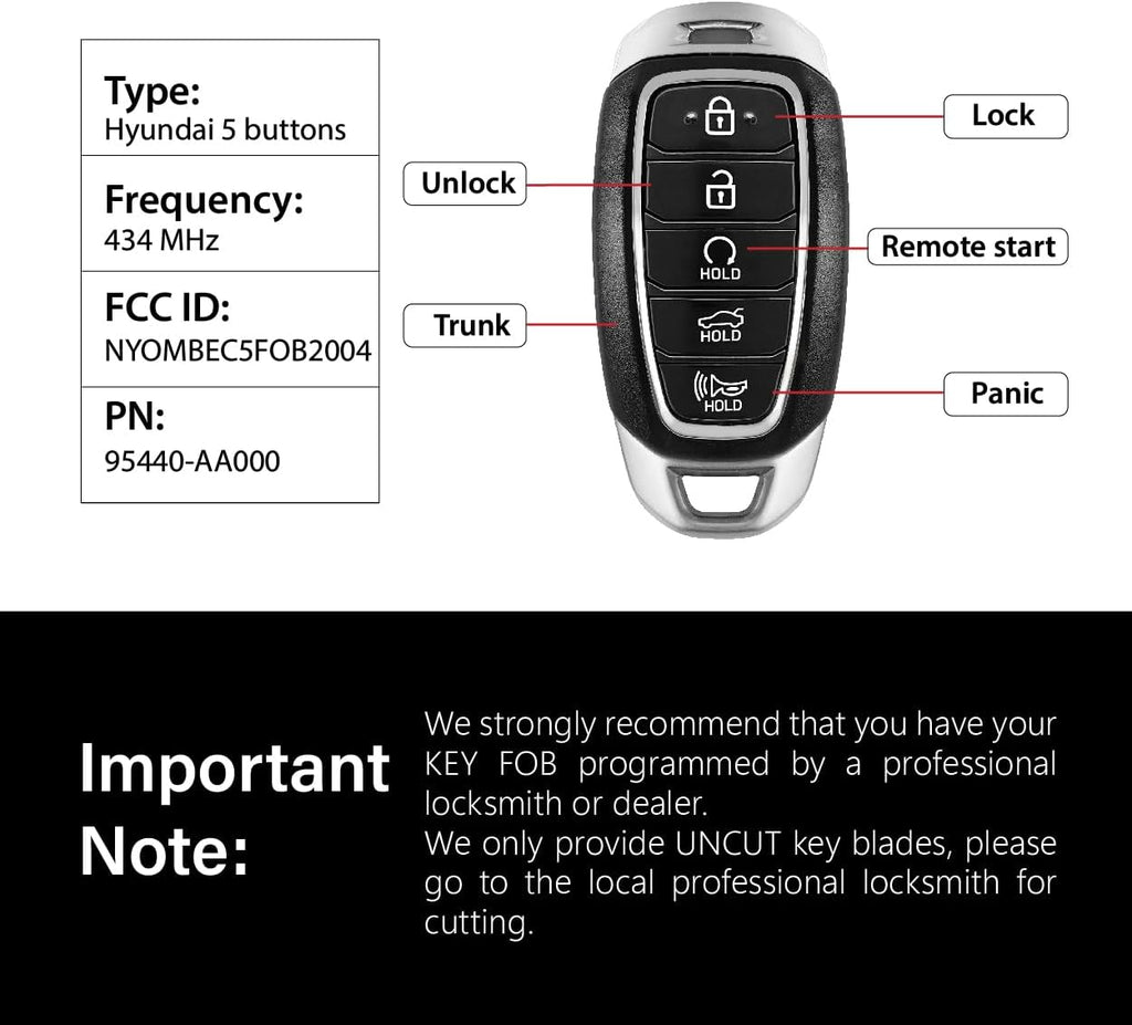 Replacement for 2020 2021 2022 2023 Hyundai Elantra Key Fob Remote Control NYOMBEC5FOB2004 5 Buttons 6A 434MHz