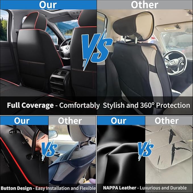 Car Seat Covers Full Set Custom Fit for Mercury Mountaineer 1997-2010-Luxury Leather with Lumbar Support, Breathable, Waterproof, Anti-Slip, Durable, Easy to Install (Black&Red,Full Set)