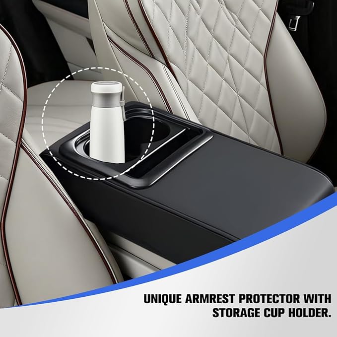 Car Center Console Armrest Pillow, Vehicle Armrest Seat Box Cushion Pad with Cup Holder & Phone Holder, Comfortable Auto Middle Console Cover, Universal for SUV RV Truck (Black)