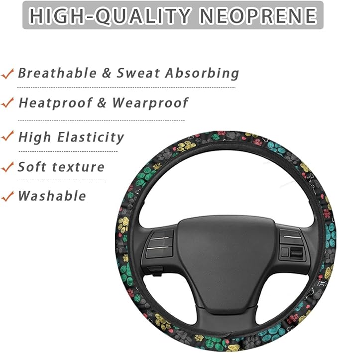 AFPANQZ Puppy Paws Print Steering Wheel Protection Stretch-on Fabric Machine Washable Women Men Neoprene Automotive Steering Wheel Covers Sweat Absorption Comfort Grip for Driver Black Colorful
