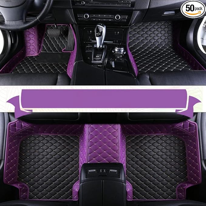 Custom Floor Mats for Cars，Luxury Full Coverage All Weather Car Floor Mats，Leather Car Mat Set ， Floor Mats for 99% of Cars, Trucks & SUVs (Border Purple, Middle Black Rice)