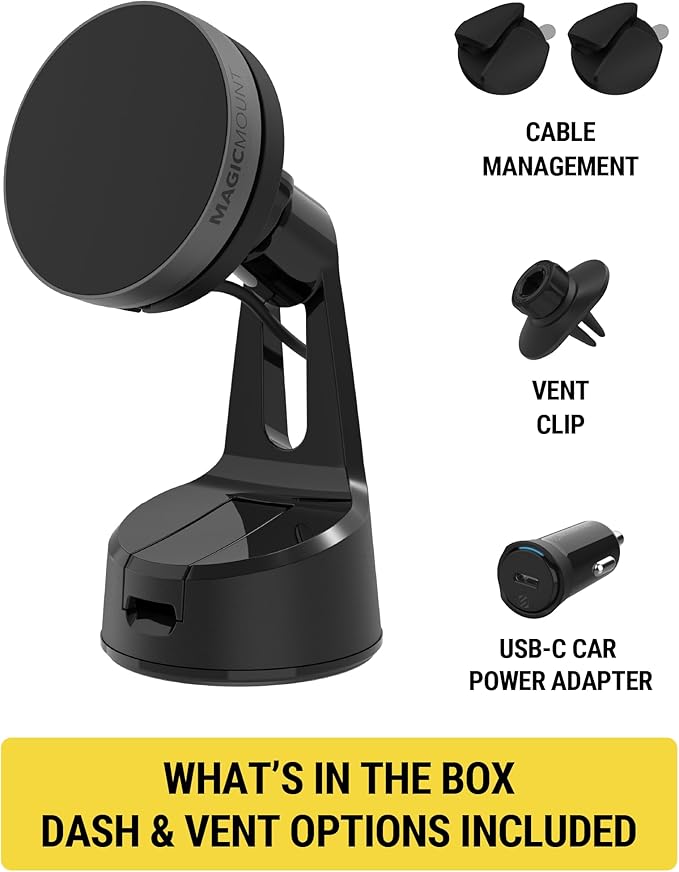 Scosche Qi2 Wireless MagSafe Car Mount Charger, 15W Magnetic Suction Cup Windshield/Dashboard Cell Phone Holder with Vent Clip & Fast USB-C Car Charger Compatible with Apple iPhone 16/15/14/13/12, S25