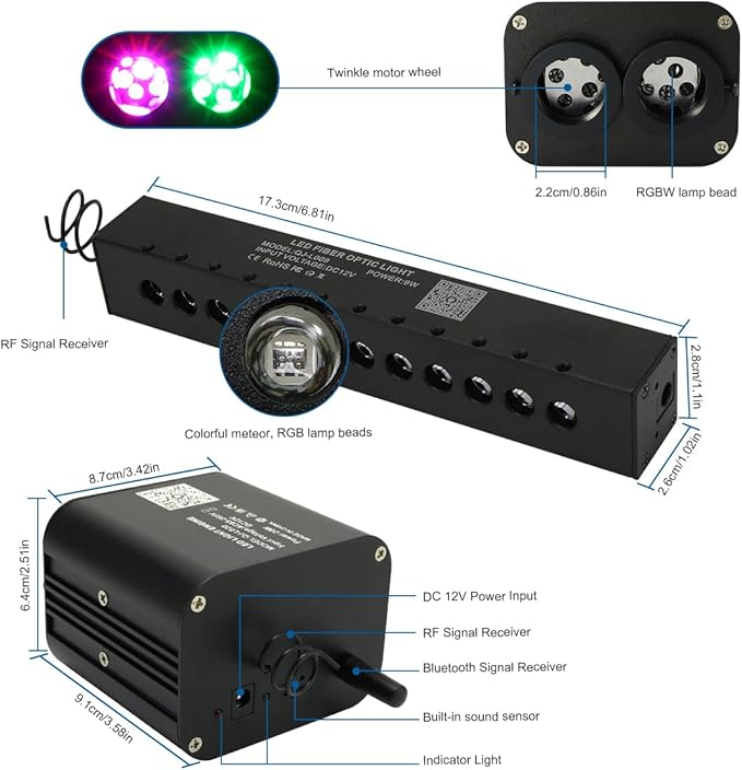 AKEPO 20W Twinkle Dual-Head Dual Color Fiber Optic Lights, Fiber Optic Colorful Meteor Light Kit Sound Activated APP/Remote Control for Car Starlights Headliner/Home 1000pcs 13.1ft/4m Fiber Strands