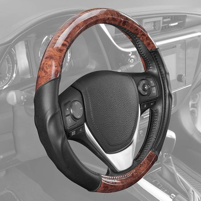 BDK Dark Wood Grain Steering Wheel Cover with Black Faux Leather Comfort Grip, Standard 15 inch Size, Car Steering Wheel Cover for Truck Van SUV Auto