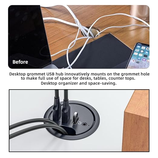 Xiwai USB 3.0 Hub Splitter, Sound Card USB-C 2 Port USB Multiport Expander High Speed Type C Data Port 60mm Desk Grommet Dock Station Headphone Mic Audio Interface for PC Desk Desktop