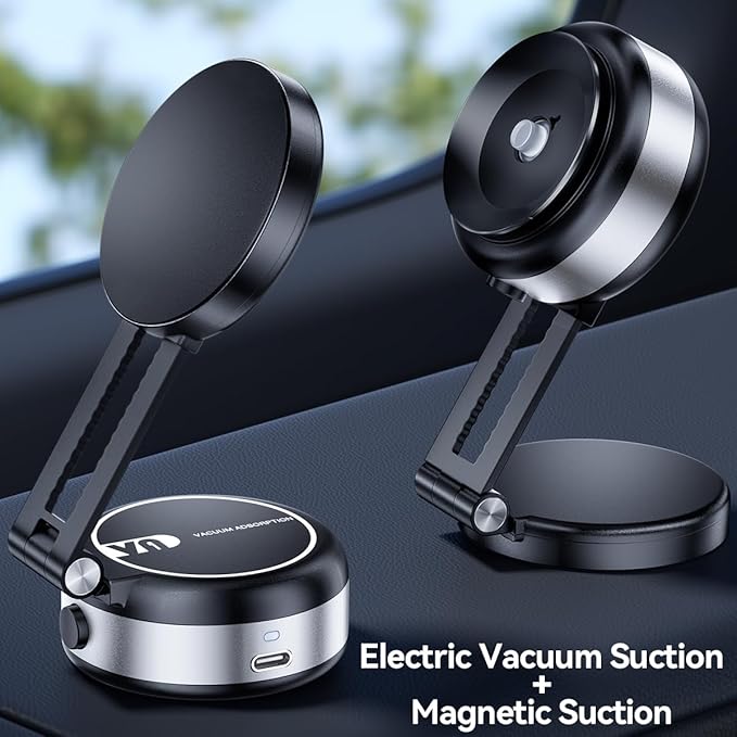Vacuum Suction Magnetic Car Phone Holder, Electric Magnetic Car Phone Holder Mount Foldable Adjustable Car Mount for iPhone12-16,Mirror/Glass/Screen/Smooth None Porous Surface (Not Charge Phone)
