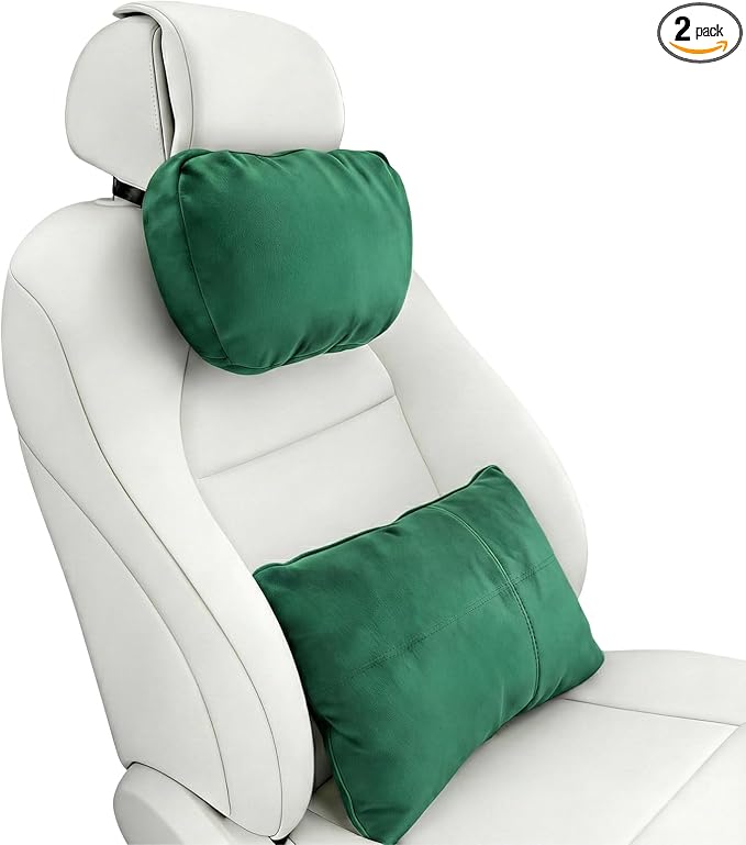 2PCS Car Pillow for Car Neck Pillow for Driving Seat Neck Support Soft Cushion Back Support Head-Rests for Vehicle Sleeping with Elastic Adjustment Strap (Green, Head and Lumbar)