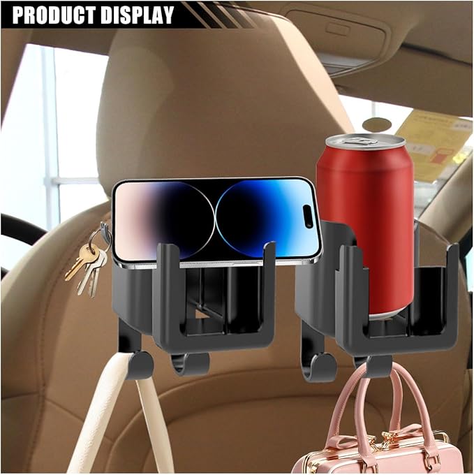 2PCS Multifunctional Car Cup Holder, Car Phone Holder with Headrest Hooks, Hanging Storage Organizer Accessories, Universal Car Back Seat Hook for Purse, Keys, Umbrella, Bag