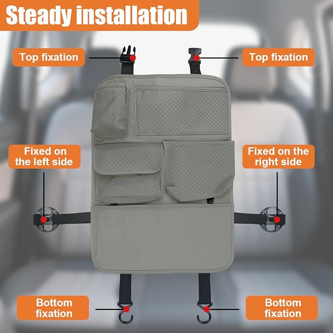 Car Backseat Organizer, Leather Auto Seat Back Kick Mats Protector, Multi-Pocket Car Rear Seat Hanging Storage Bag with Tissue Holder, Travel Accessories for Most Cars SUV Truck(Gray)