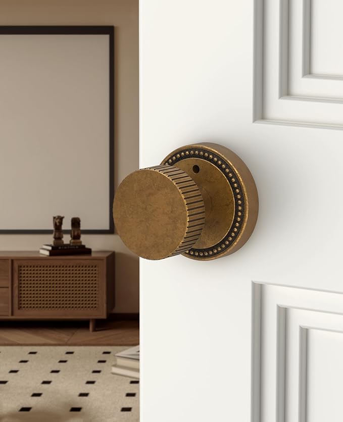 Asidrama 4 Pack Antique Brass Privacy Door Knobs with Lock, Vintage Door Handles with Antique Brass Door Knobs Interior for Bedroom or Bathroom, Heavy Duty Door Lever for Left Right Sided Doors