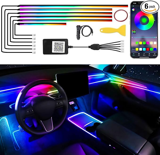 Acrylic Car LED Interior Strip Lights, 6 in 1 Dreamcolor Ambient Lighting Kit with Wireless APP, Luxury EL Wire Trim 16 Million Colors Neon Strip for Car Inside Decoration(No Remote)