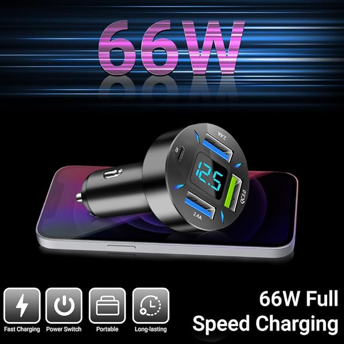 66W 4-Port Car Charger – PD & QC 3.0 Fast Charging Cigarette Lighter Adapter, Dual Type-C + Dual Type-A Ports Compatible with iPhone, Android & Tablets