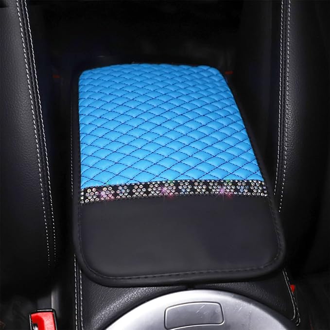 Bling Leather Car Center Console Cover, Car Center Console Protector With Glossy Crystal Rhinestone, Universal Waterproof Car Armrest Seat Box Cover For Most Car, Vehicles, SUVs, Trucks (Blue)