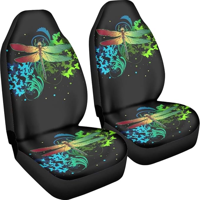 BIGCARJOB Butterflies Dragonfly Car Seat Covers Full Set,Dragonfly Pattern Bucket Seat Cover for Cars,SUV Truck,Univerfal Fit Auto Interior Accessories Car Seat Protector Set of 2 pcs