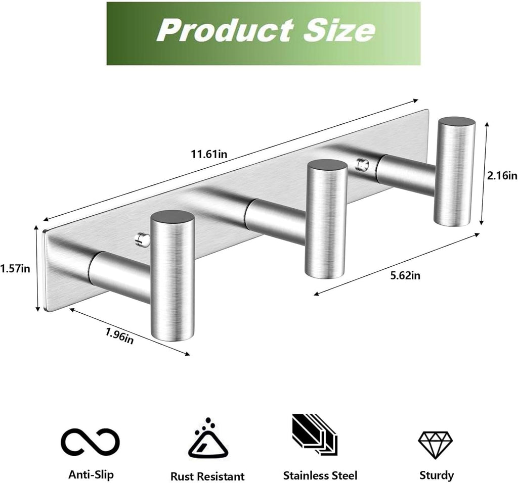 Wall Mounted Coat Rack-3 Hooks, Heavy Duty Stainless Steel Hook Rail for Towel Coat Hat Purse Bag Jacket, Towel Hooks for Entryway Bathroom Kitchen (Silvery 3 Hooks - 1 Pack)