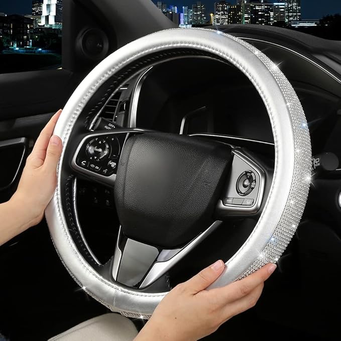 Bling Diamond Steering Wheel Cover, Leather Steering Wheel Covers for Women Girls with Crystal Rhinestones, Breathable, Anti-Slip Universal Fit 14.5-15 Inch Bling Car Accessories(Silver)