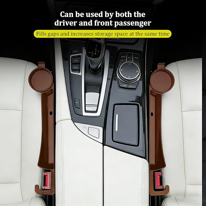 2PCS Car Seat Gap Filler, Soft Carbon Fiber Vehicle Between Seat and Console Organizer with Cup Holder, Prevent Falling Automotive Interior Chair Gap Plug, Universal Fit (Brown)