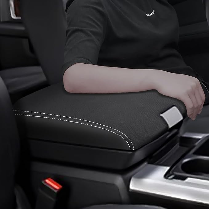 for RAM 1500 2500 3500 4500 5500 2009-2018 Center Console Cover Anti-Scratch Waterproof Leather Armrest Pad Protector Cushion Car Interior Accessories(Black Leather with White Stitches)