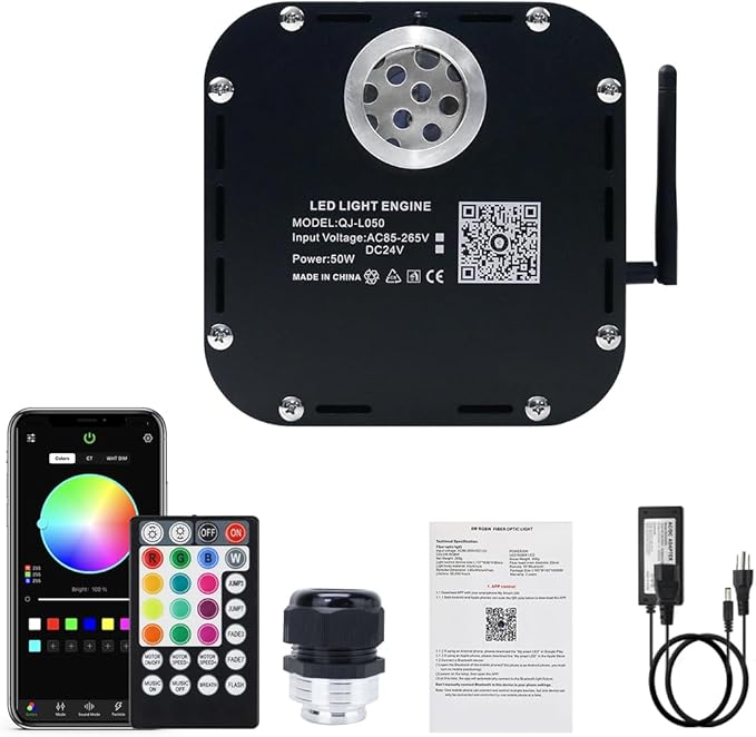 AKEPO 50W RGBW Twinkle Fiber Optic Light Engine Driver, Bluetooth APP Control+Music Activated+28-Key Remote Control for Home Fiber Optic Star Ceiling