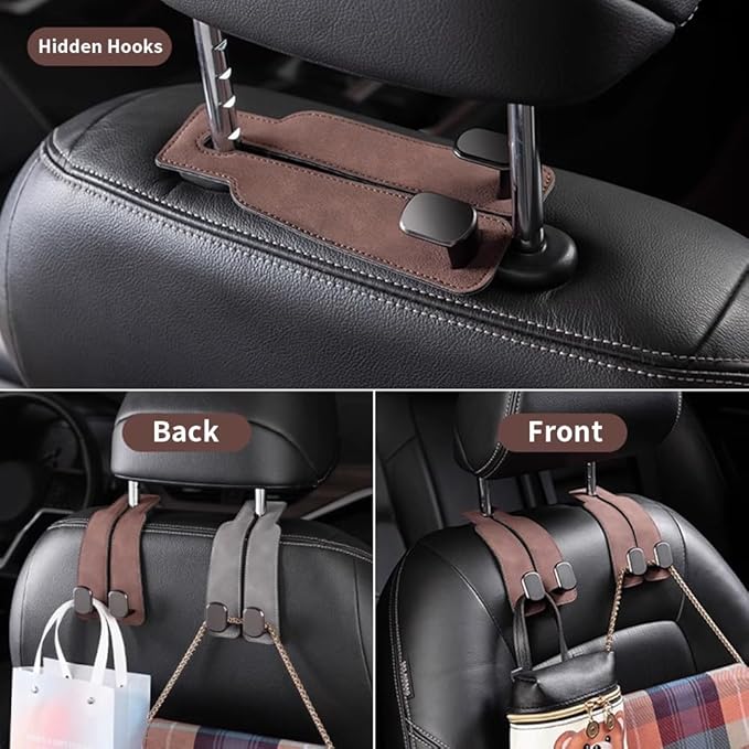 KINIVA Car Seat Headrest Storage Hooks, Set of 2, Suede PU Leather, Double Hooks (Brown-4 Pack)