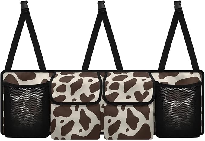 Brown Cow Print Car Trunk Organizer, Hanging Car Back Seat Storage Bag with 4 Pockets Waterproof Universal Automotive Accessories for Most SUVs Sedans Trucks Jeeps