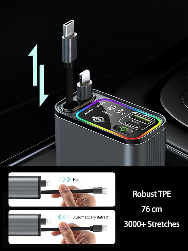Retractable Car Charger USB C,107W Type C Car Charger Fast Charging with Dual Retractable Cable and USB Ports for iPhone 17/16/15,S25/24/23, Pixel 9/8/7(Build-in USB-C & Lightning Cable)